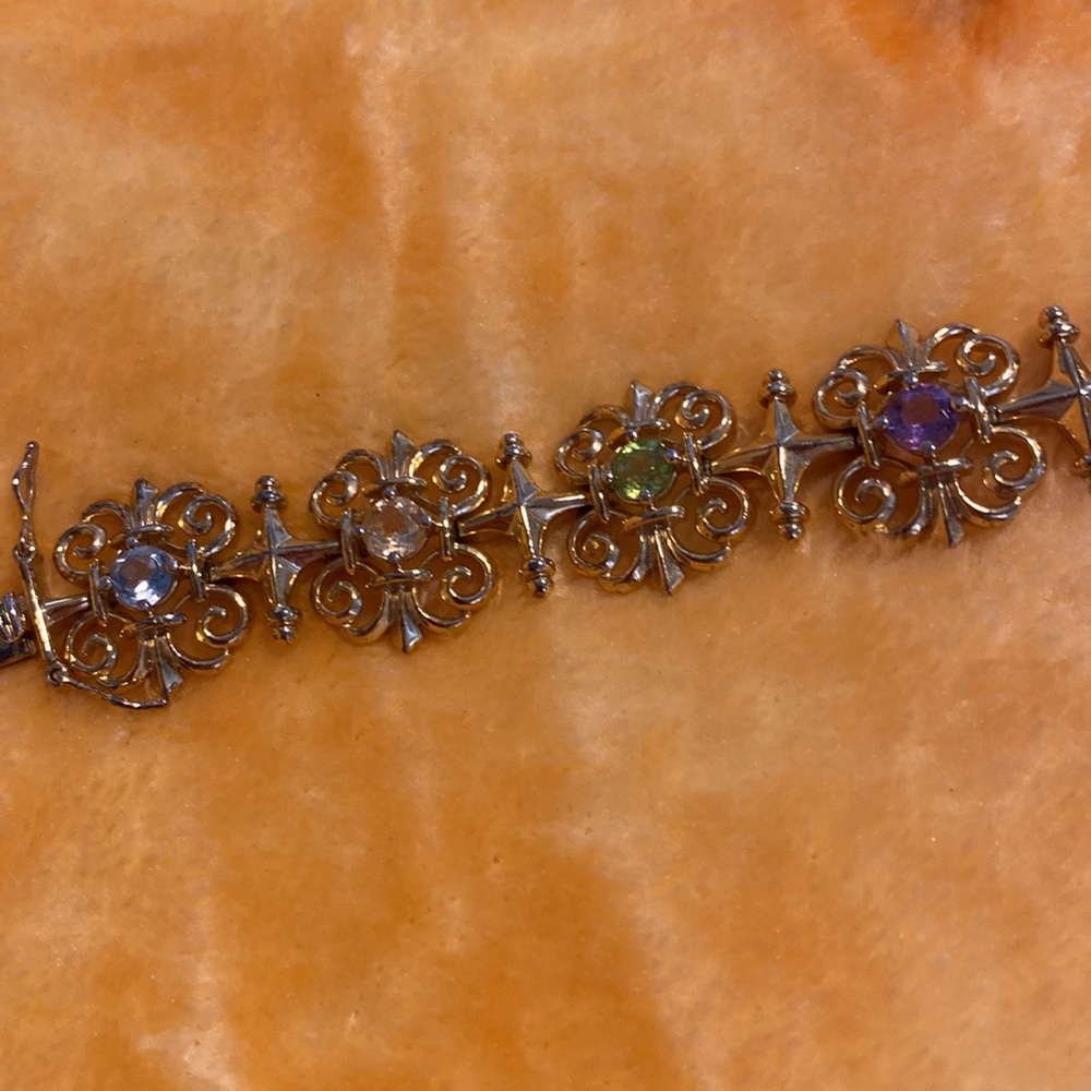 VINTAGE TECHNIBOND GOLD TONE MULTI-COLOR GEM BRACELET 7" - Picture 2 of 9